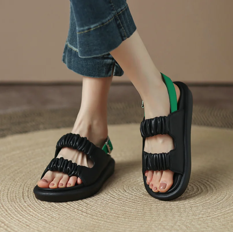Women Slingback Sandals Genuine Leather Mixed Color Summer Square Low Heel Buckle
