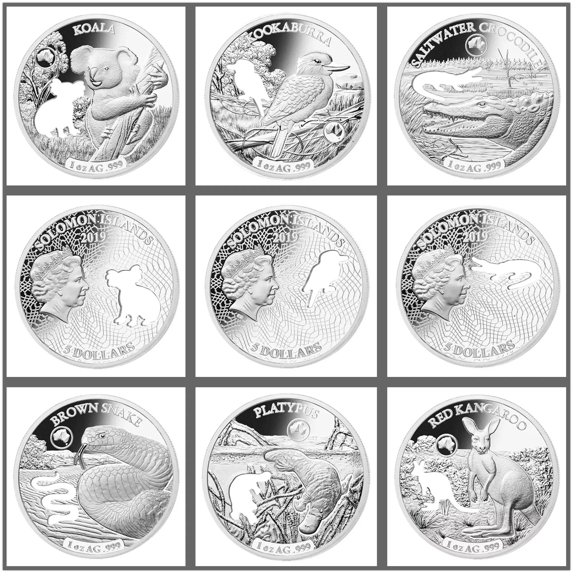 

2019 Australia coins 1oz silver coin crocodile + koala +Snake+ kookaburra challenge coins gift