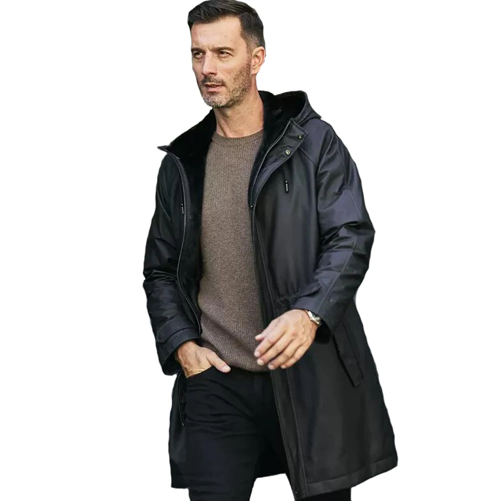 Denny&Dora Men's Leather Jacket Cowhide Leather Jacket Black Color Long