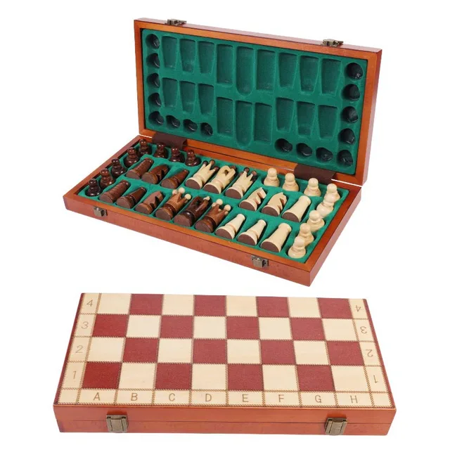 Large Folding Portable Solid Wood Polish Art Fancy Openwork Chess Set