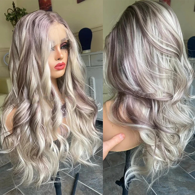 Human Synthetic Blend Wig 13x4 Lace Front Wig Browns White Blonde Highlights Gorgeous Long Hair Curly Layered Long Blonde