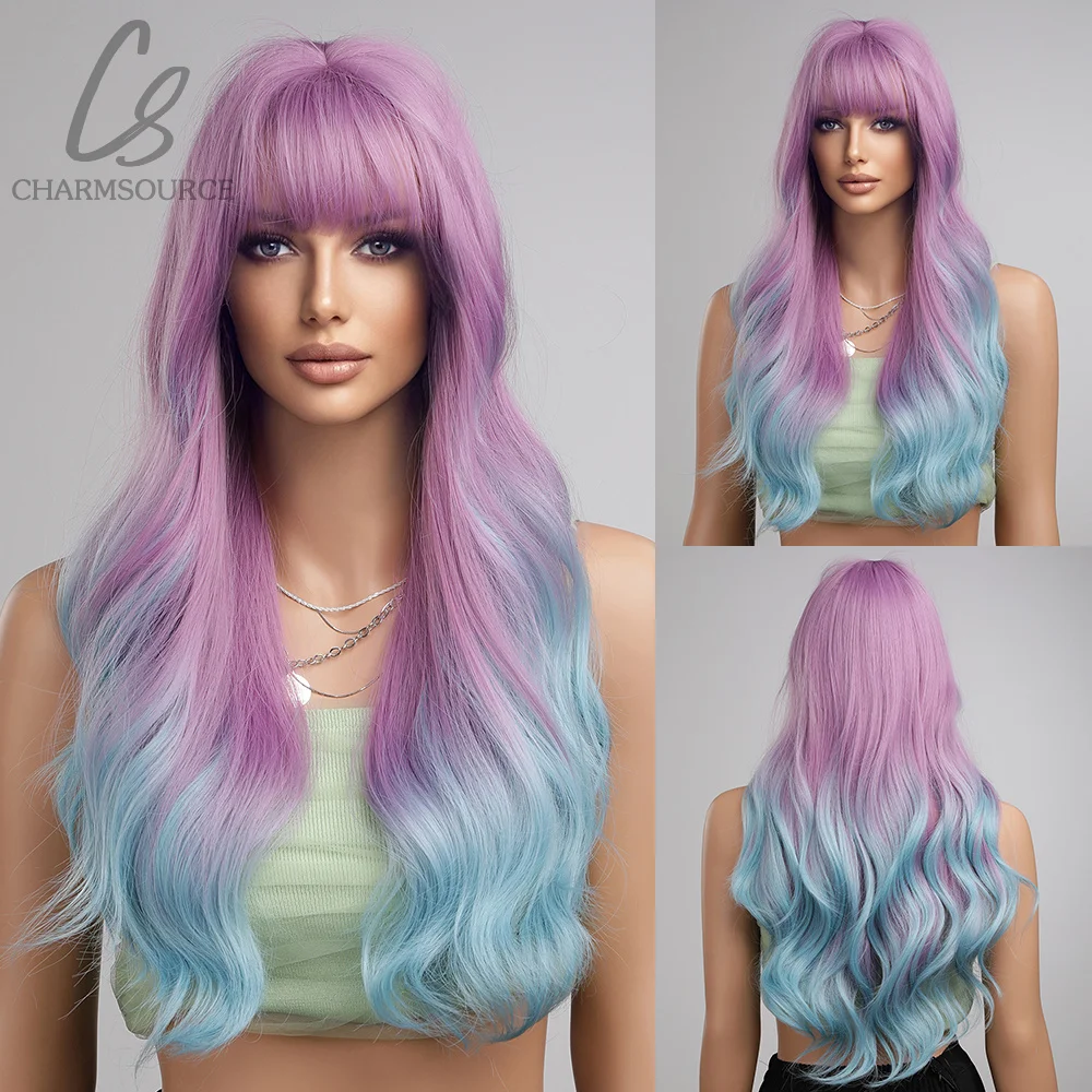 

CharmSource Purple Ombre Blue Long Wave Wigs With Bangs Synthetic Wig for White Women Hair Party Daily High Quality High Density