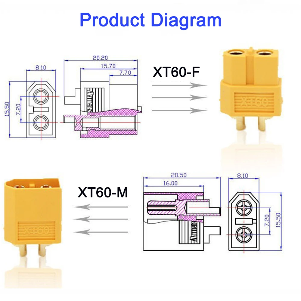 Terminal Connector 20 Pairs XT60 Connectors Male to Female XT-60 Bullet Plugs Welding Terminal Suit XT60-T Plug For RC Lipo Battery Drone Airplane