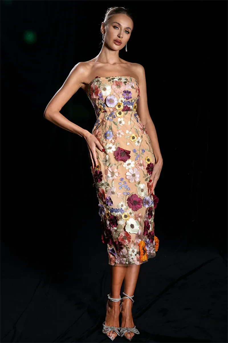

Elegant Style Long Dress 2024 New Design Off Shoulder Sense Three Dimensional Flower Embroidery Slim Fit Dresses for Women