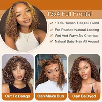Perruque courte bouclée bob avec mèches blond miel 4/27, 100% cheveux humains, perruque frontale en dentelle 13x4, ondulations profondes pour femmes, cheveux humains vierges 4