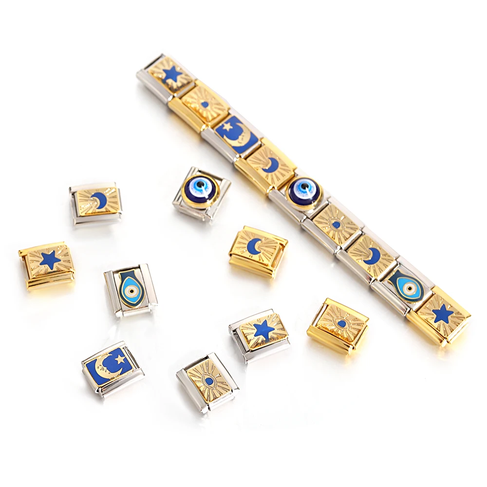 Trendy Stars Moon Sun Blue Lucky Eyes Italian Charm Links DIY Stainless Steel Chain Bracelet For Women Men Jewelry Making Gift 4