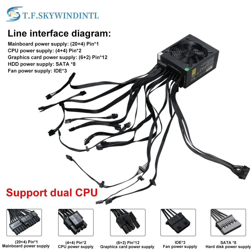 t f skywindintl 2000W Active ATX Full Modular PC Power Supplies PSU MINE Power Suppli GPU Mining  Mining Power Source 110V 220V