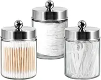 3-Piece Apothecary Jar Set, Stainless Steel Lids, Includes Stickers, for Q-Tips, Cotton Swabs, or Makeup Sponges, Brushed Nickel 1