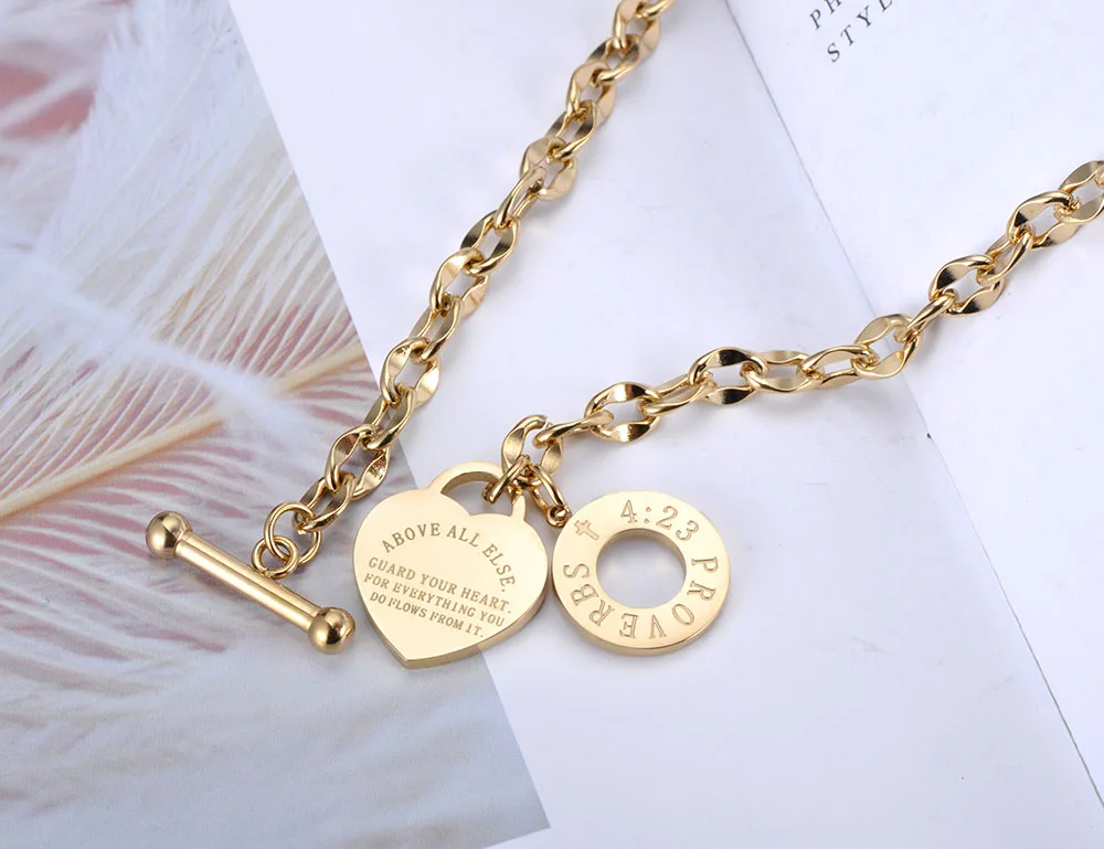 Titanium Stainless Steel Heart Charm Pendant Necklace O-Chain Jewelry Classic Love Bible Proverbs 4:23