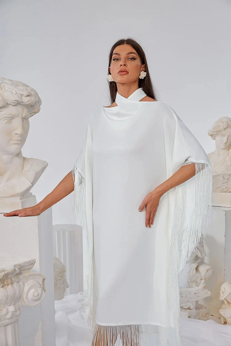 Women's luxurious elegant Evening  White Tassel Cross Halter One piece Birthday  Evening  Cocktail Club Party Dress