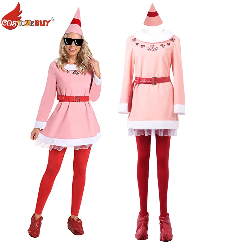 

Movie Lady Jovie Christmas Elf Pink Costume Winter Long Sleeve Wool Dress Holiday Party Outfit with Belt Hat Shoes