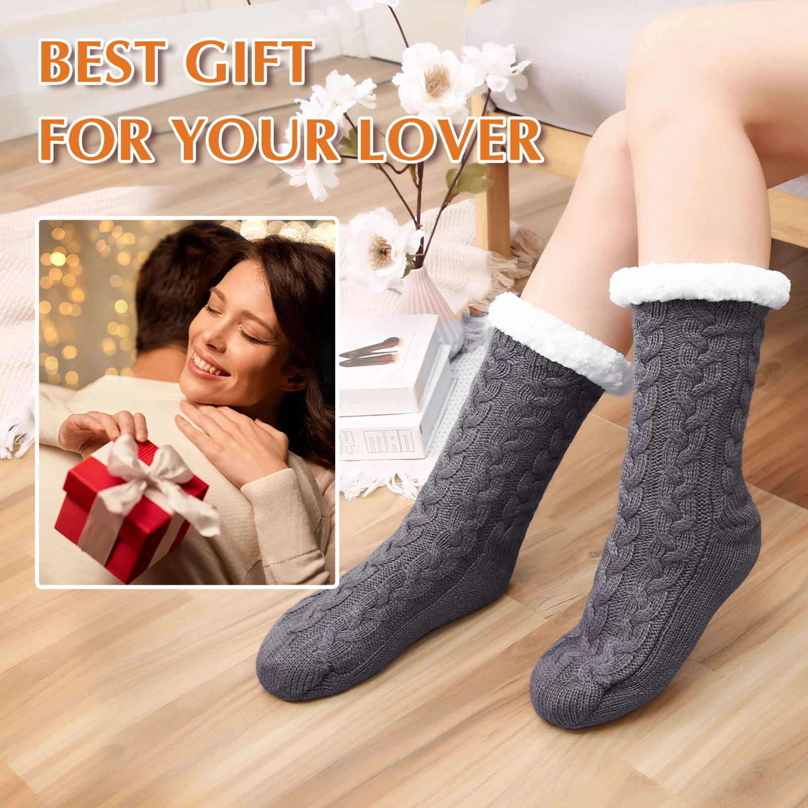 Women's Plush Sherpa Winter Fleece Lining Plaid Slipper Socks - WFLS1022-PK