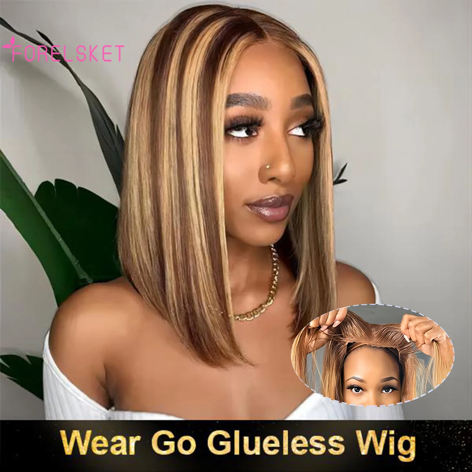 

FORELSKET Highlight Honey Blonde Lace Front Wig Human Hair Ombre 4/27 Glueless Highlighted Bob 180% Density Highlight Bob Wig