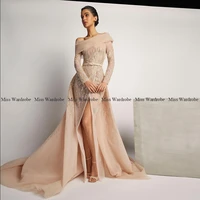 Nude Color Sequin Evening Dresses Off The Shoulder Beading Long Sleeves Tulle A Line Slit Floor Length Formal Prom Party Gowns - Image 4