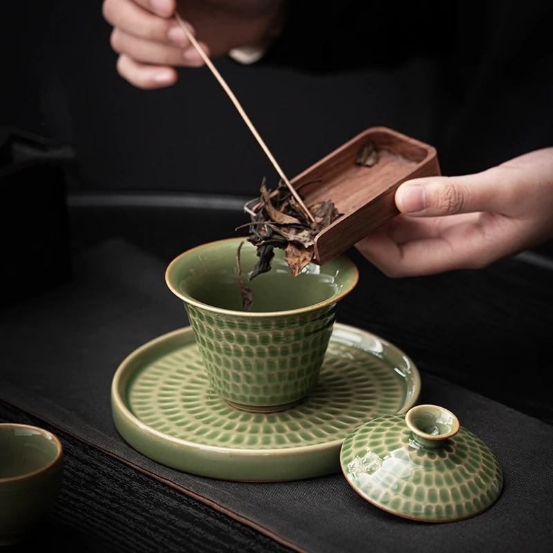 Japanese Style Uneven Green Gaiwan For Tea Porcelain Tureen Teaware Set Tea Bowl Chawan Lily Deng's Store Cup