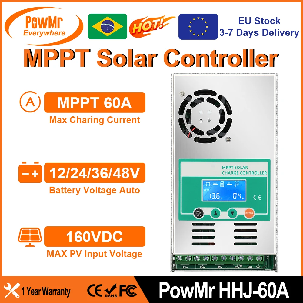 

PowMr MPPT 60A Solar Charge Controller Work for 12V 24V 36V 48V Lithium Lead Acid Battery With LCD Display Max PV 160VDC Input