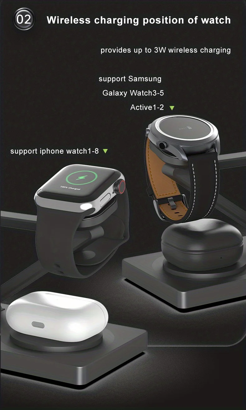 3-in-1 kabellose Ladegeräte für iPhone 15 14 13 12 für AirPods 2 3 Pro Apple Watch Ladestation zum Aufladen von Galaxy Watch – Detail 1
