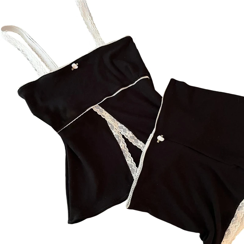 2 Piece Sets Women Outfit 2000s Aesthetic Fairycore Grunge Lace Patchwork Strapless Sleeveless Crop Top and Shorts y2k Clothing