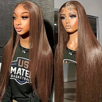 13X4 Chocolate Brown Lace Front Wigs Pre Plucked 30 Inch Brown Colored Bone Straight Synthetic Lace Frontal Wig For Black Women 1