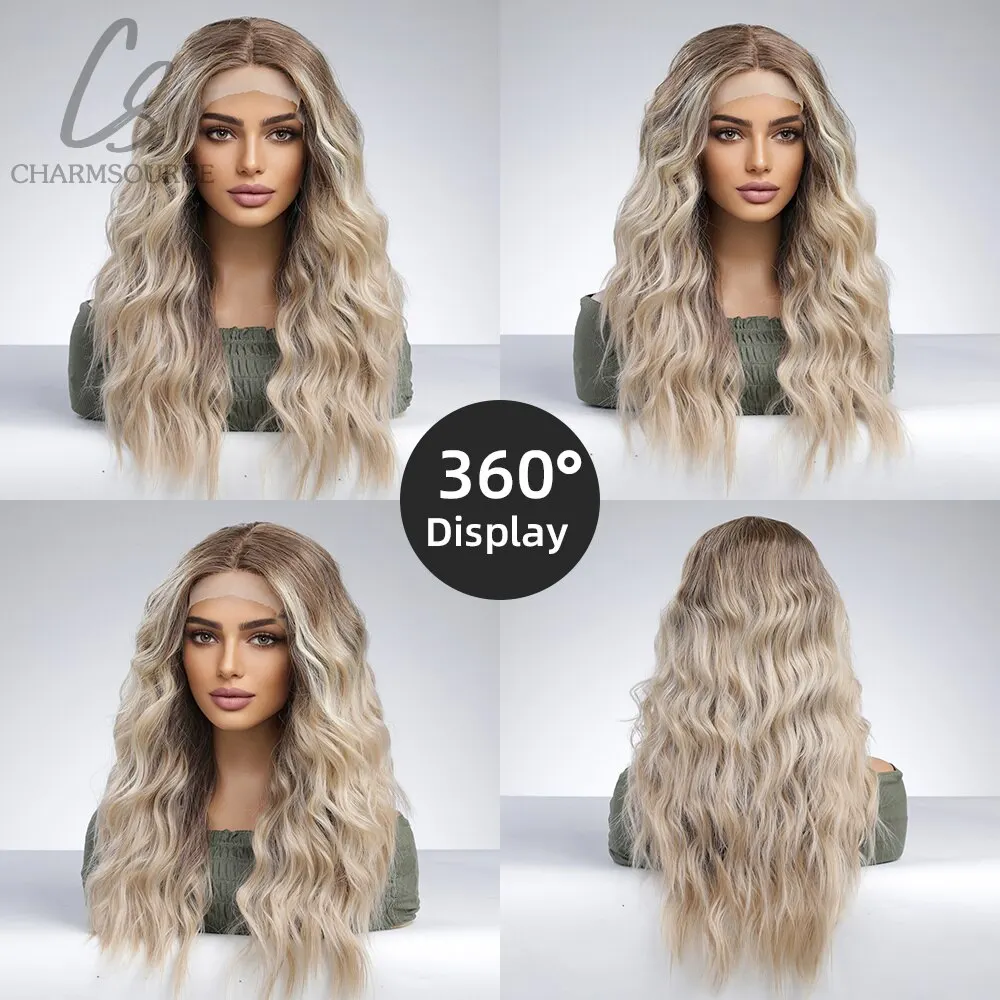 Lace Front Wig Long Brown Ombre Highlight Blonde Hair Body Wavy Synthetic for Women Daily Use High Density for Lace Front Wig Lace Wigs Synthetic Wigs Womens Synthetic Wigs