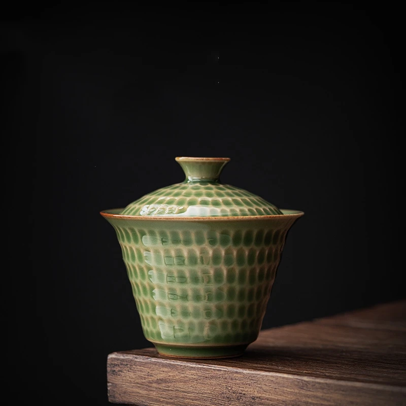 Japanese Style Uneven Green Gaiwan For Tea Porcelain Tureen Teaware Set Tea Bowl Chawan Lily Deng's Store Cup