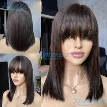 Pre Plucked 13x6/360 Full Lace Bob Wigs Dark Brown Fringe Human Hair Wigs Remy Brazilian 5x5 Silk Base Closure Wigs With Bangs