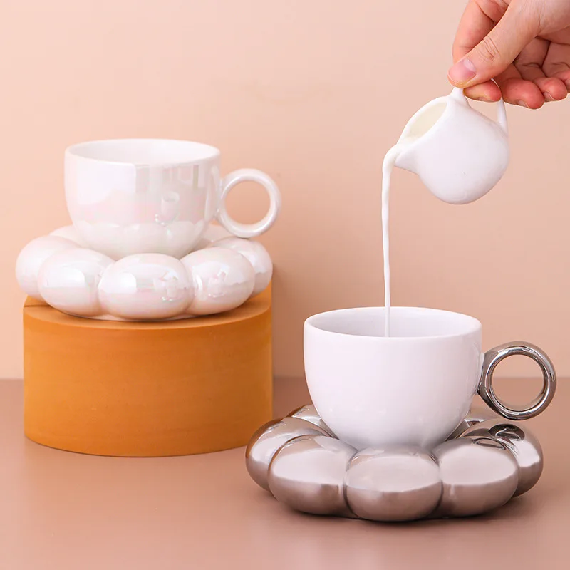 Tasse à Café En Céramique Avec Soucoupe Et Cuillère - Motif Tournesol Et Nuage, Capacité 200 Ml - Pour Thé, Café, Latte - Cadeau Mignon Et Pratique