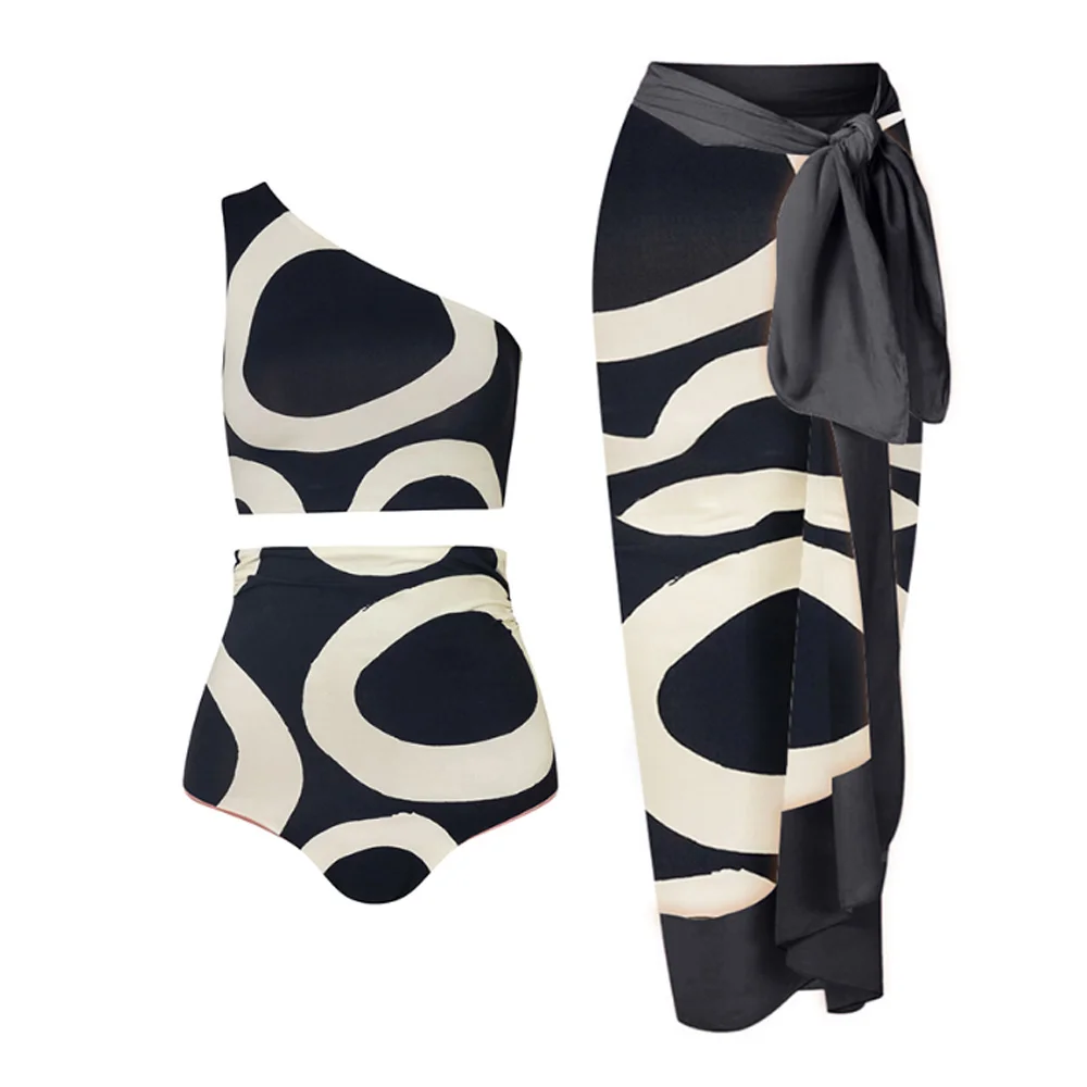 Vintage Swimsuit 2 Pieces & Skirt Cover Up Asymmetrical Swimwear One