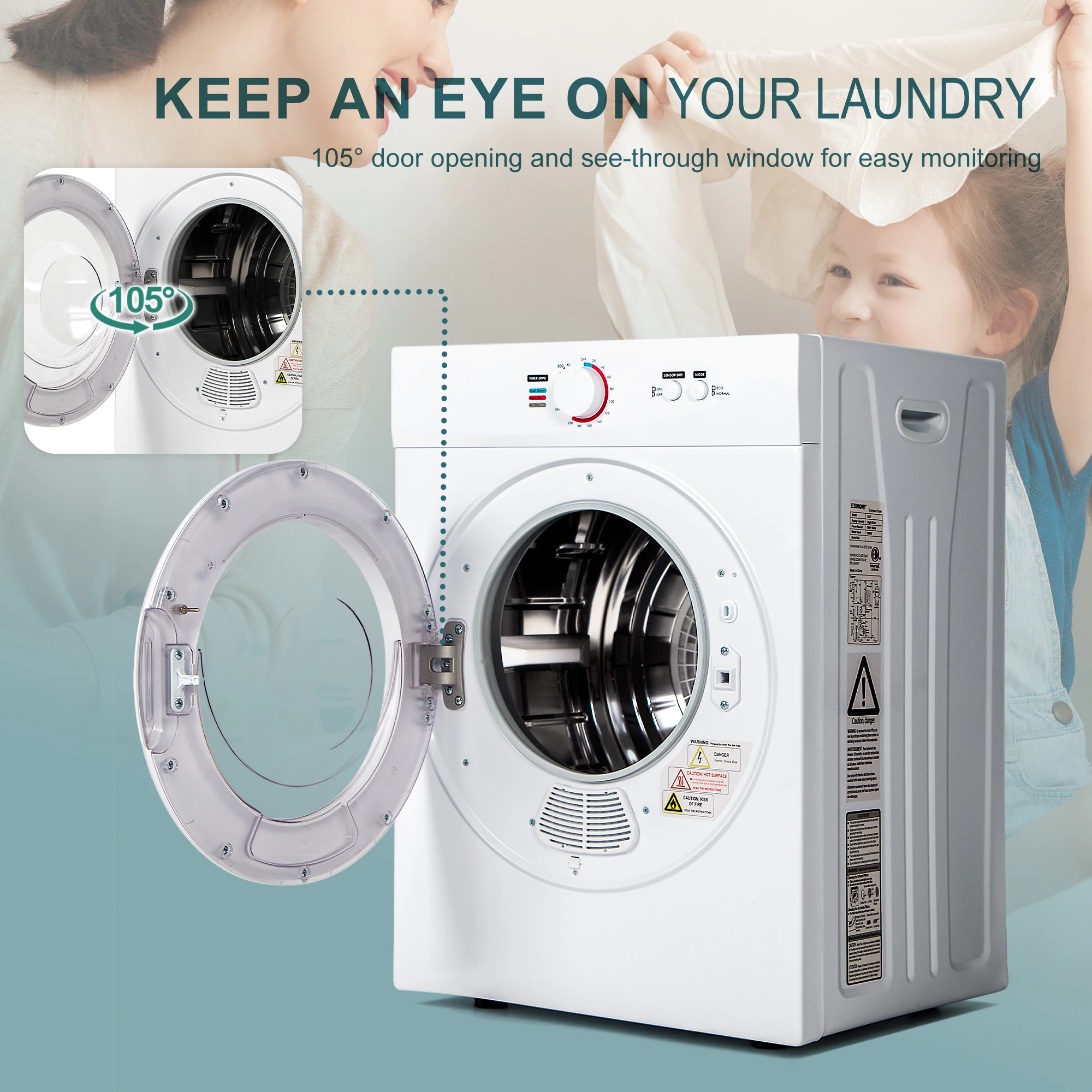 Euhomy 110V Portable Clothes Dryer 1.8 Cu. ft. Front Load Stainless Steel Electric Dryers Machine for Apartment,RVs,Dorms
