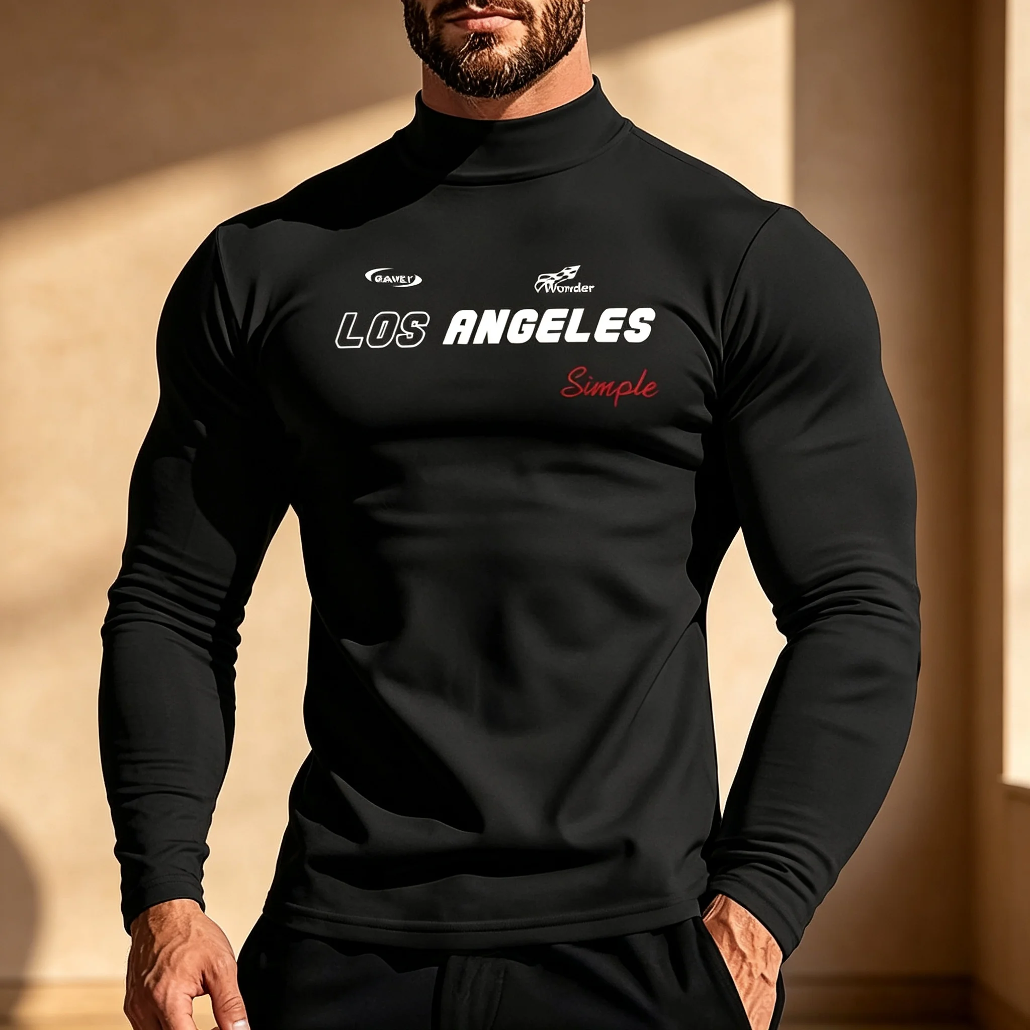 Herren Mock Neck Langarm-Thermoshirts mit Los Angeles-Schriftzug, dehnbar, eng anliegend, als Basisschicht, lässiges warmes Unterhemd für den Herbst.