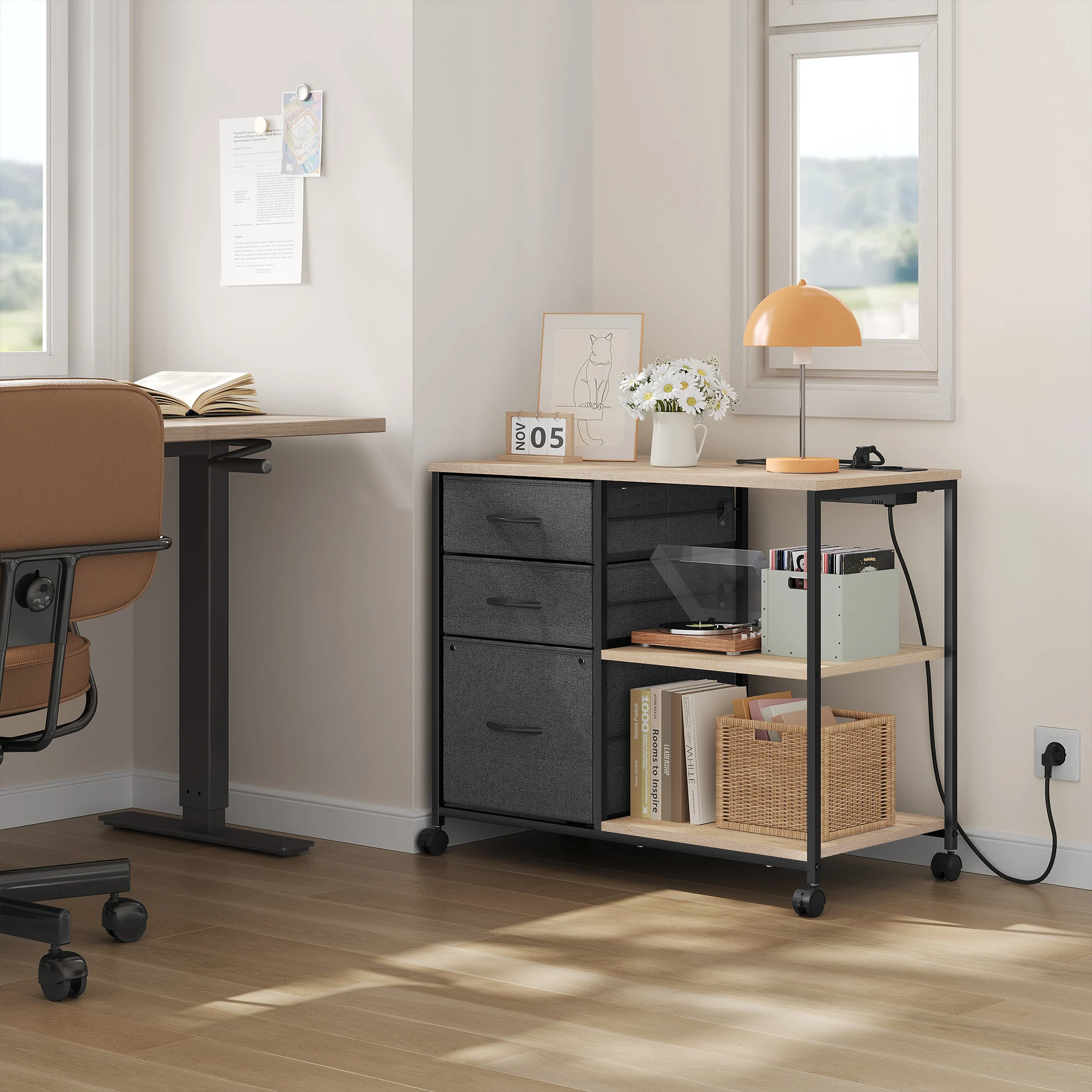 WOLTU Classeur avec Station de Charge 3 Tiroirs en Tissu Conteneur roulant Table d'imprimante avec roulettes pour Bureau Maison