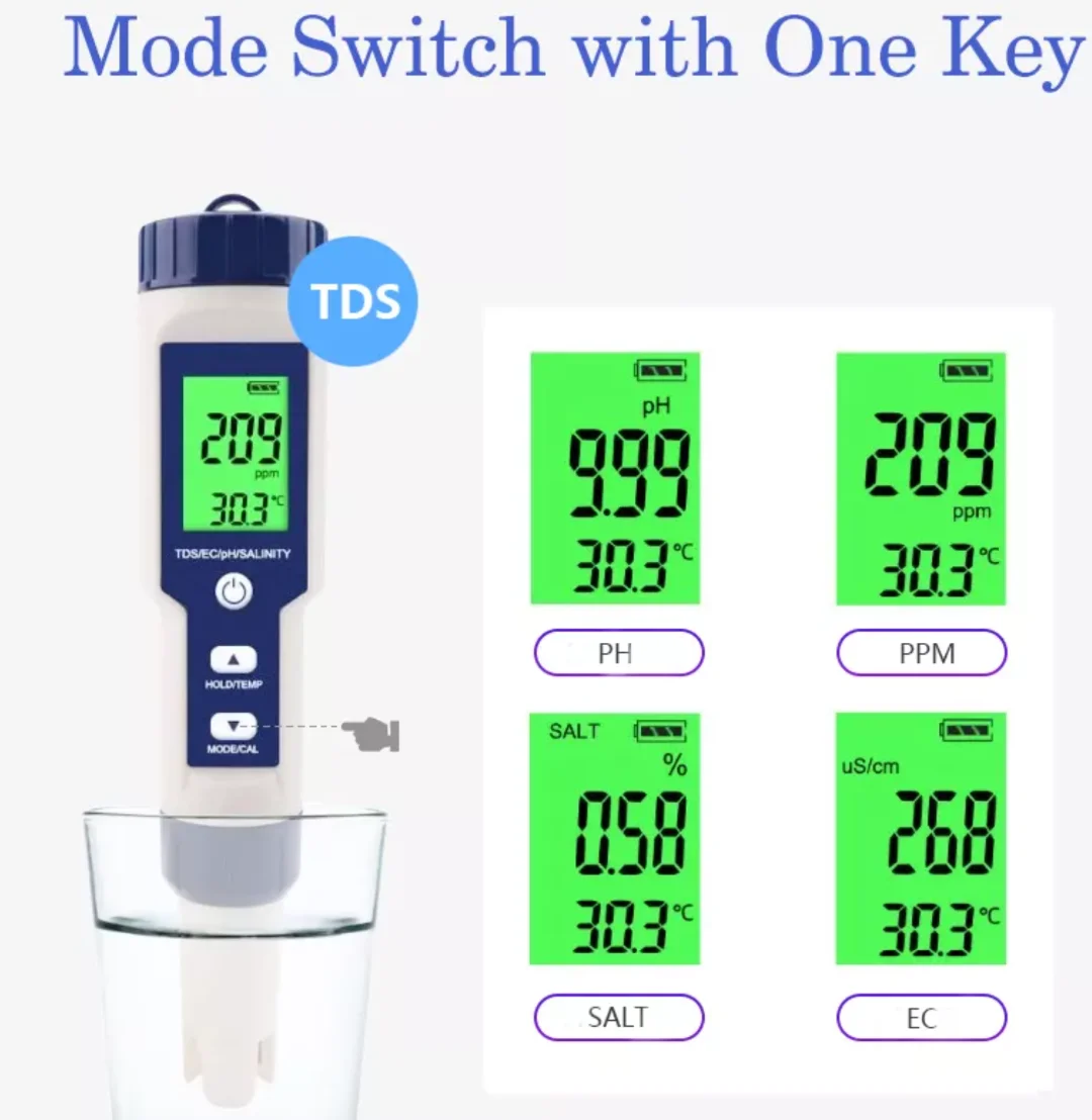 

PH Salinity TDS EC Temperature Meter Digital Water Quality 5 in 1 Monitor Tester
