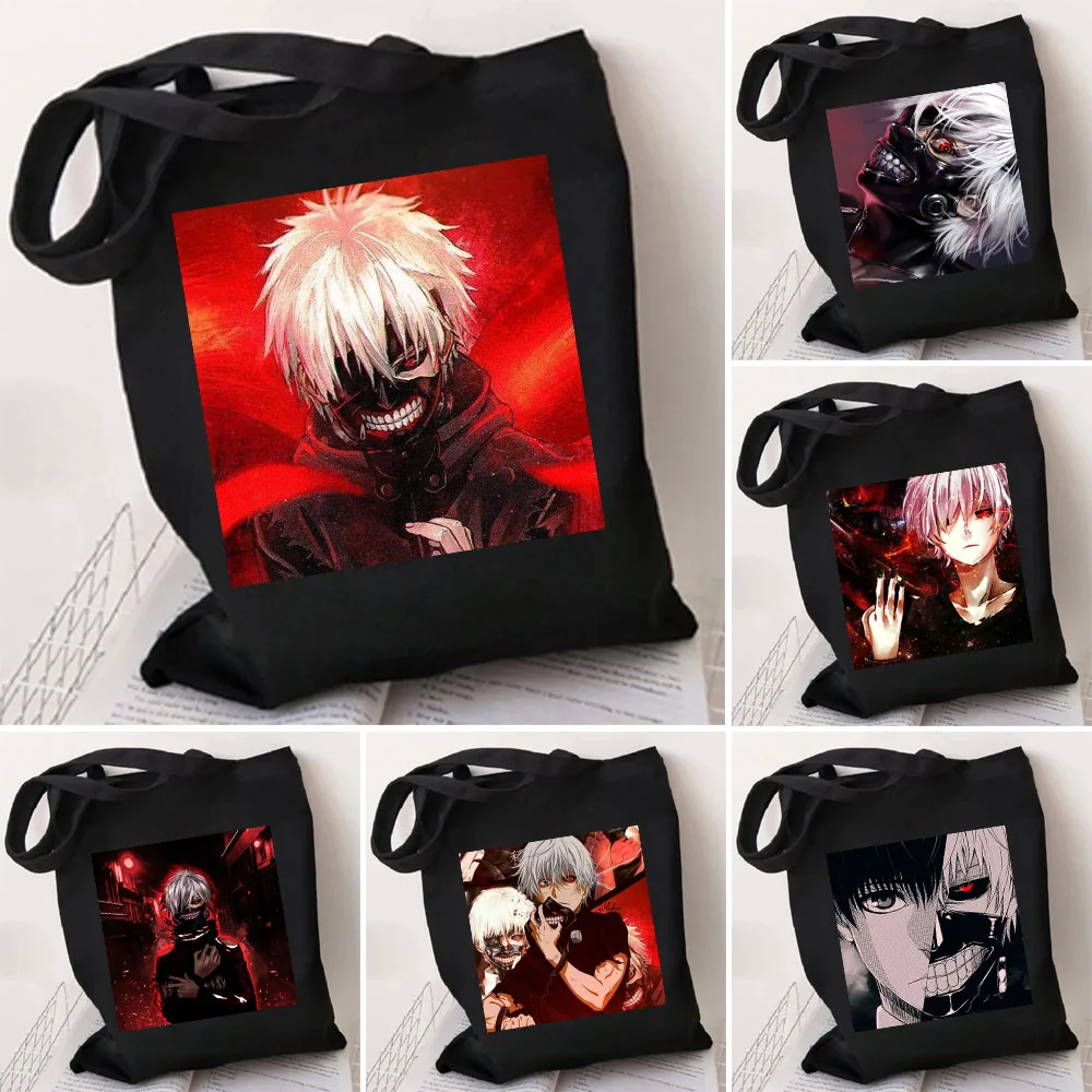 

Tokyo Ghost Kaneki Ken Japan Anime Cartoon Black Tote Bag for Women Cotton Shopping Beach Large Summer Handbags