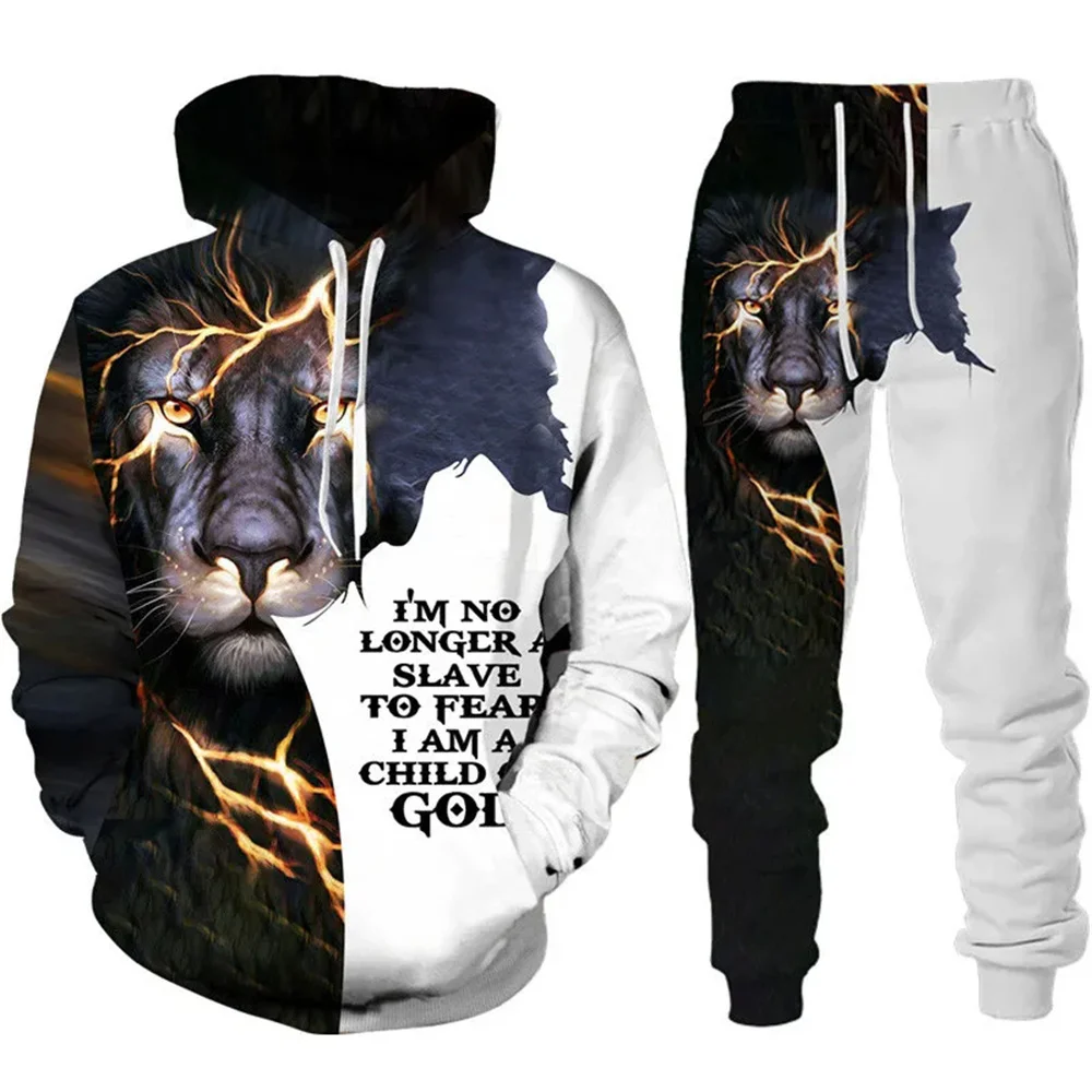 Cool Tiger 3D Animal Print Hoodie+Pants Suit Long Sleeve Pullover Men's Sportswear Tracksuit Couple Outfit Two Piece Jogging Set 5