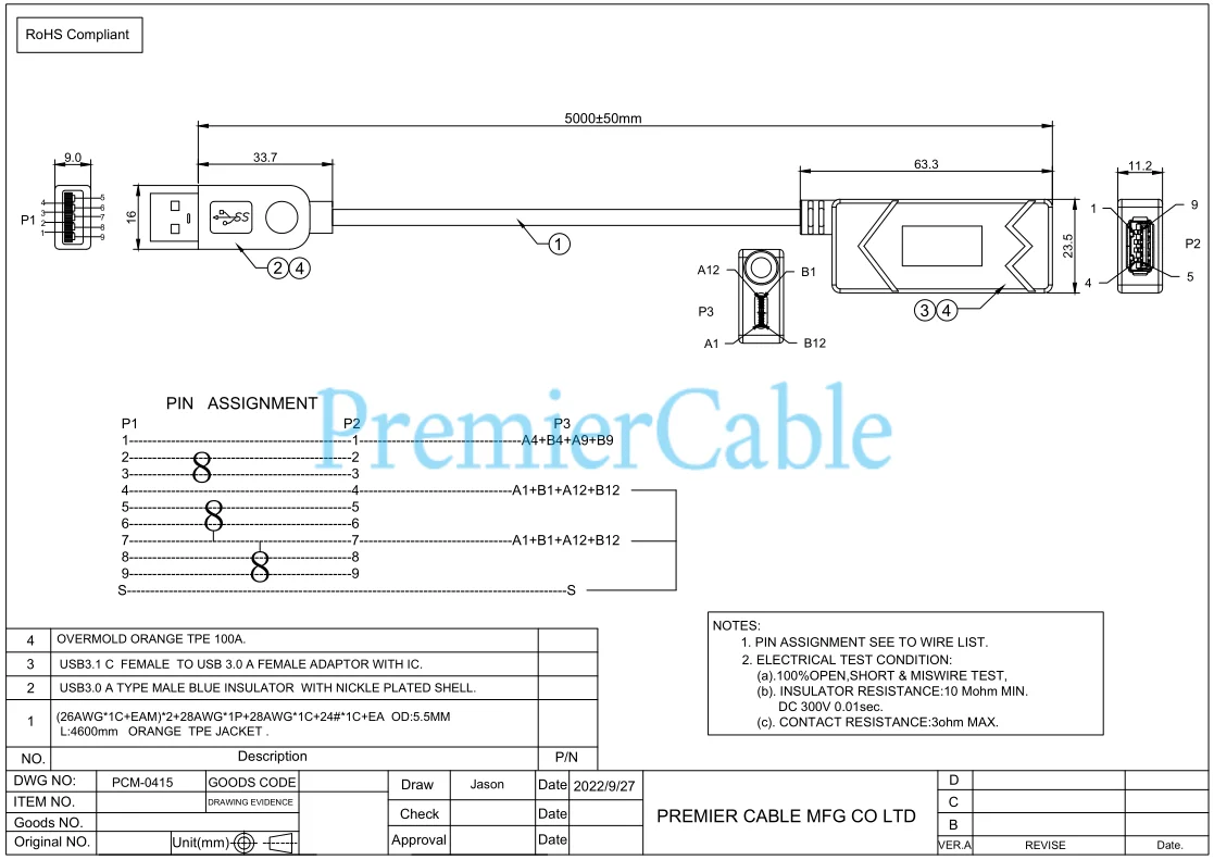 USB 3.0-Stecker auf Buchse, Verlängerungskabel, Typ A 3.0-Buchse auf USB 3.1 C-Buchse, angebundenes Schießkabel mit IC-Hilfsstrom – Detail 1