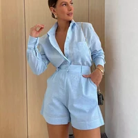 Women Long Sleeve 2 Pieces Sets Casual Simple Button Pockets Short Pant with Shirts Tops 2024 Summer Fashion Suit Female Outfits 1