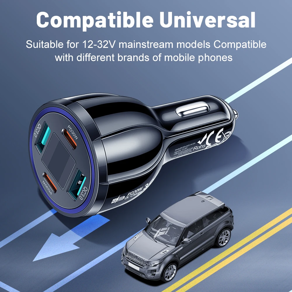 30W 4 Ports Digital display USB Car Charger Fast Charging QC3.0 USB/TYPE-C Charger For iPhone 16 Pro Max Xiaomi Samsung