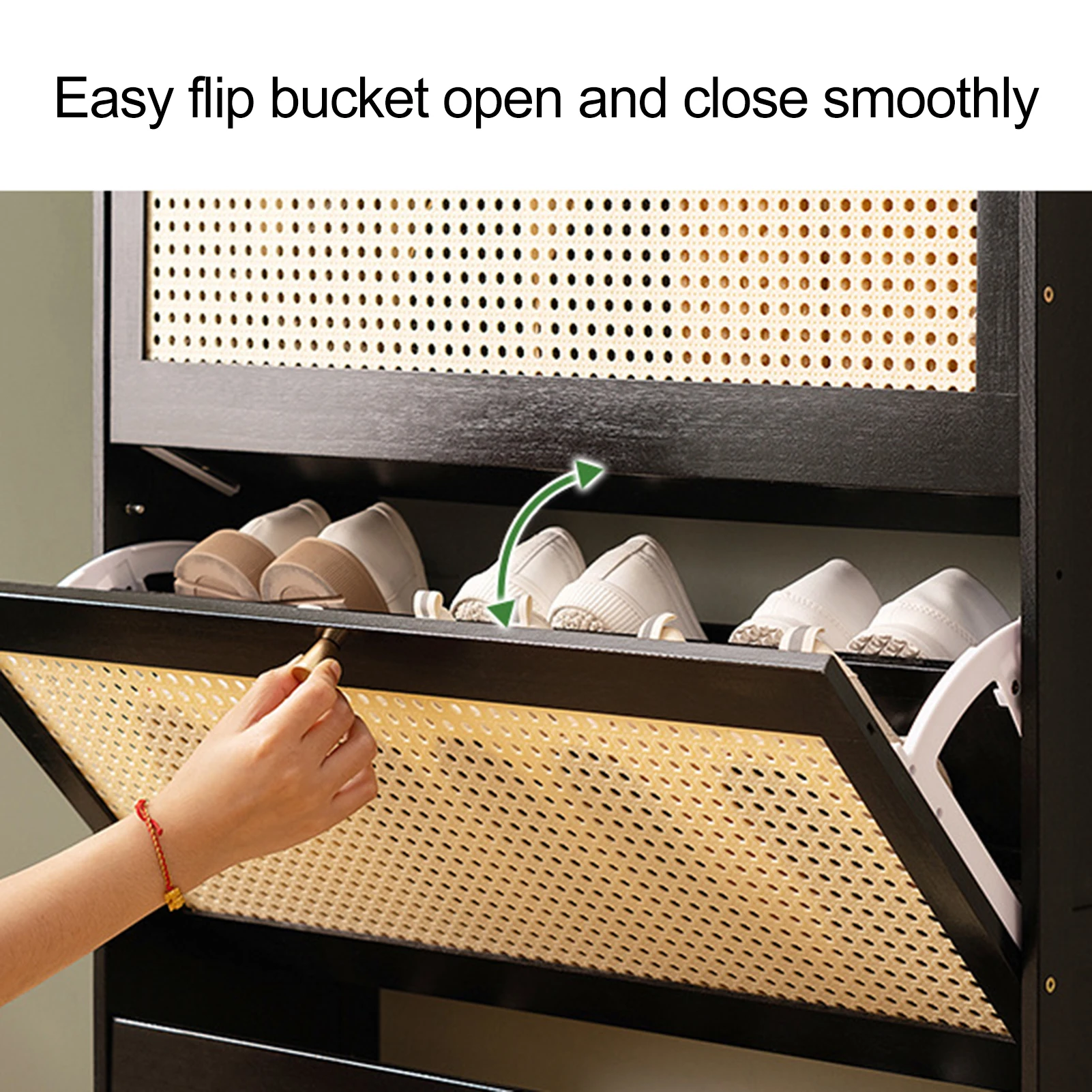 Shoe Cabinet with 2 Natural Rattan Doors Large Capacity Shoe Storage Rack Living Room Entryway Heels Shoes Slippers Organizer 4