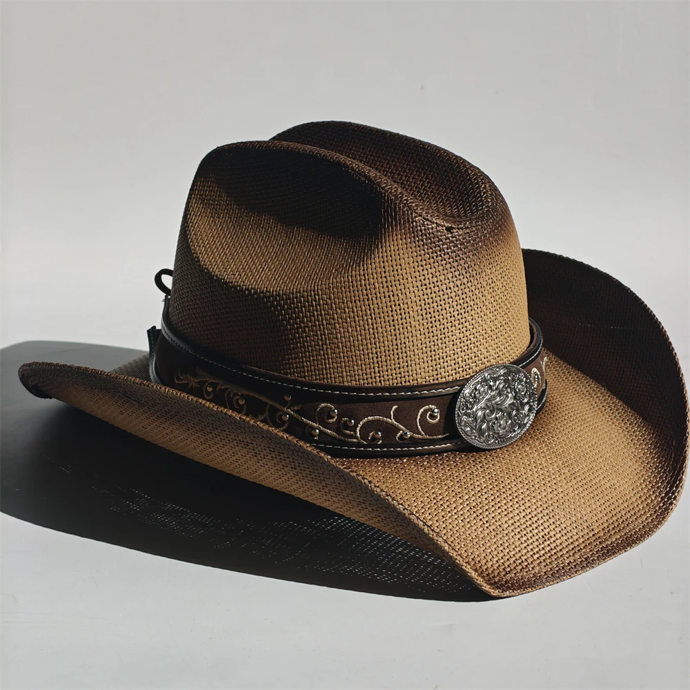 Western-Strohhut mit Farbverlauf für Herren und Damen, gekräuselter Rand, Vintage-Western-Cowboyhut, Sommer-Strand-Sonnenhut, Sombrero Hombre – Detail 18