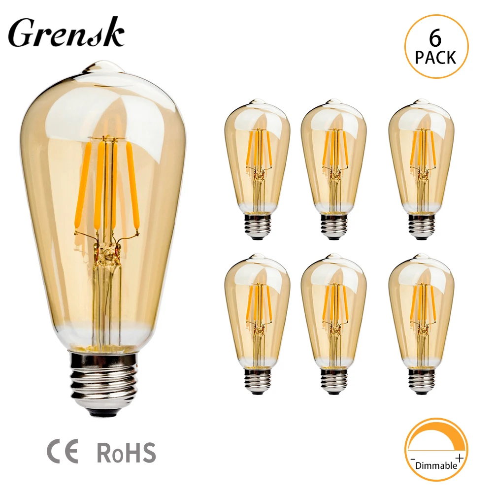 6pcs ST64 Dimmable LED Filament Light Bulb E27 220V 6W 2200K Amber Glass  Vintage Edison Led Lights Decoration Energy Saving Lamp