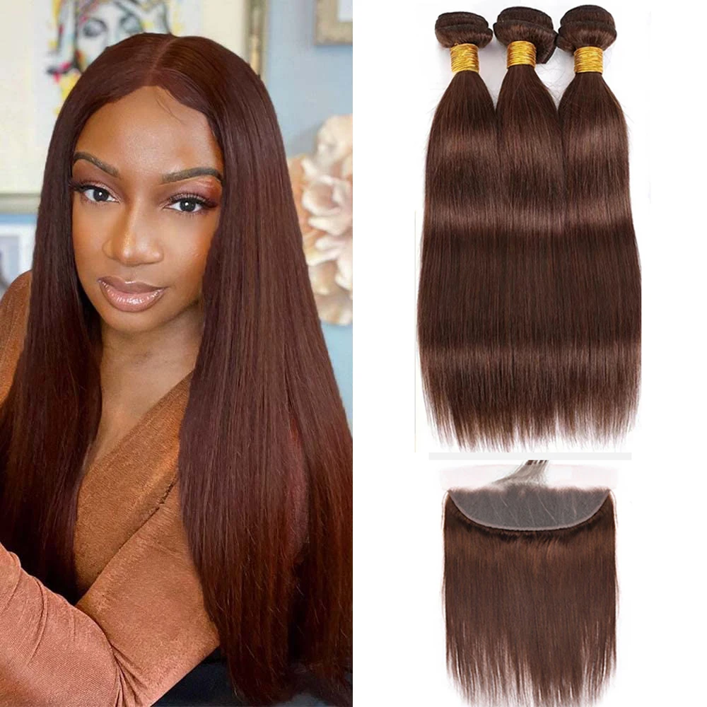 

Straight Bundles with Frontal 100 Real Unprocessed Brazilian Virgin Human Hair 3 Bundles with 13x4 HD Lace Frontal Brown 4 Color