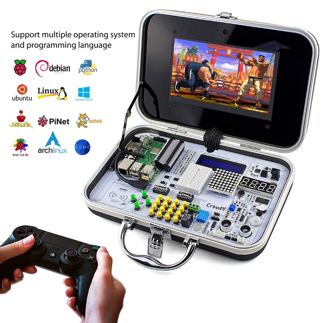 CrowPi 라즈베리 파이 교육 키트, 컴팩트 7 인치 HD 터치스크린 LCD 디스플레이, 카메라 포함, 전자 학습, 파이썬 코스