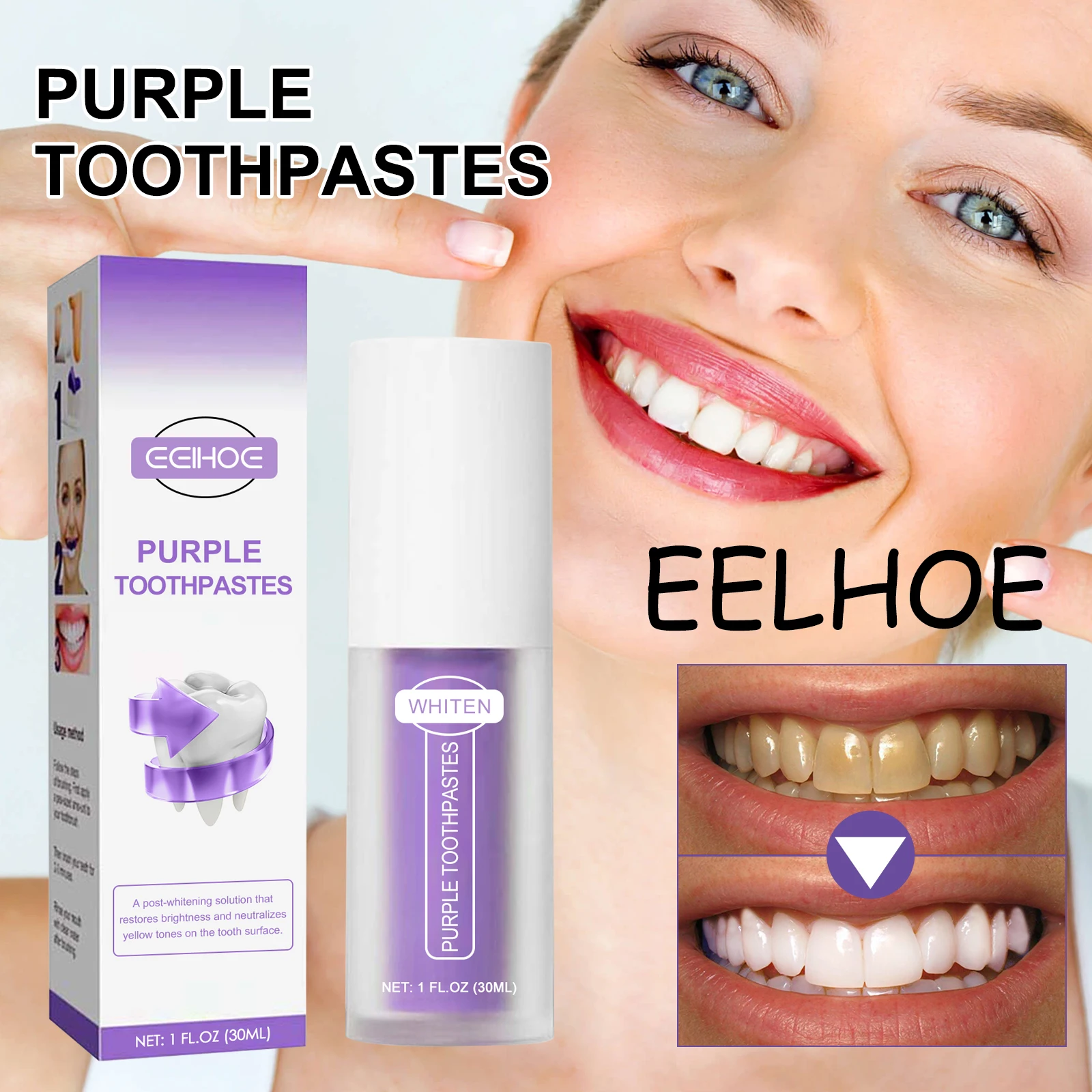 EELHOE Purple Toothpaste Whitening Teeth Reduce Food Residue Remove Tea and Coffee Stain Eliminate Bad Odors Brighten Toothpaste