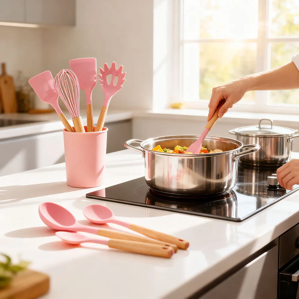 Conjunto de 12 piezas accesorios de cocina herramientas de cocina utensilios de cocina de silicona conjunto de utensilios de cocina con mango de madera