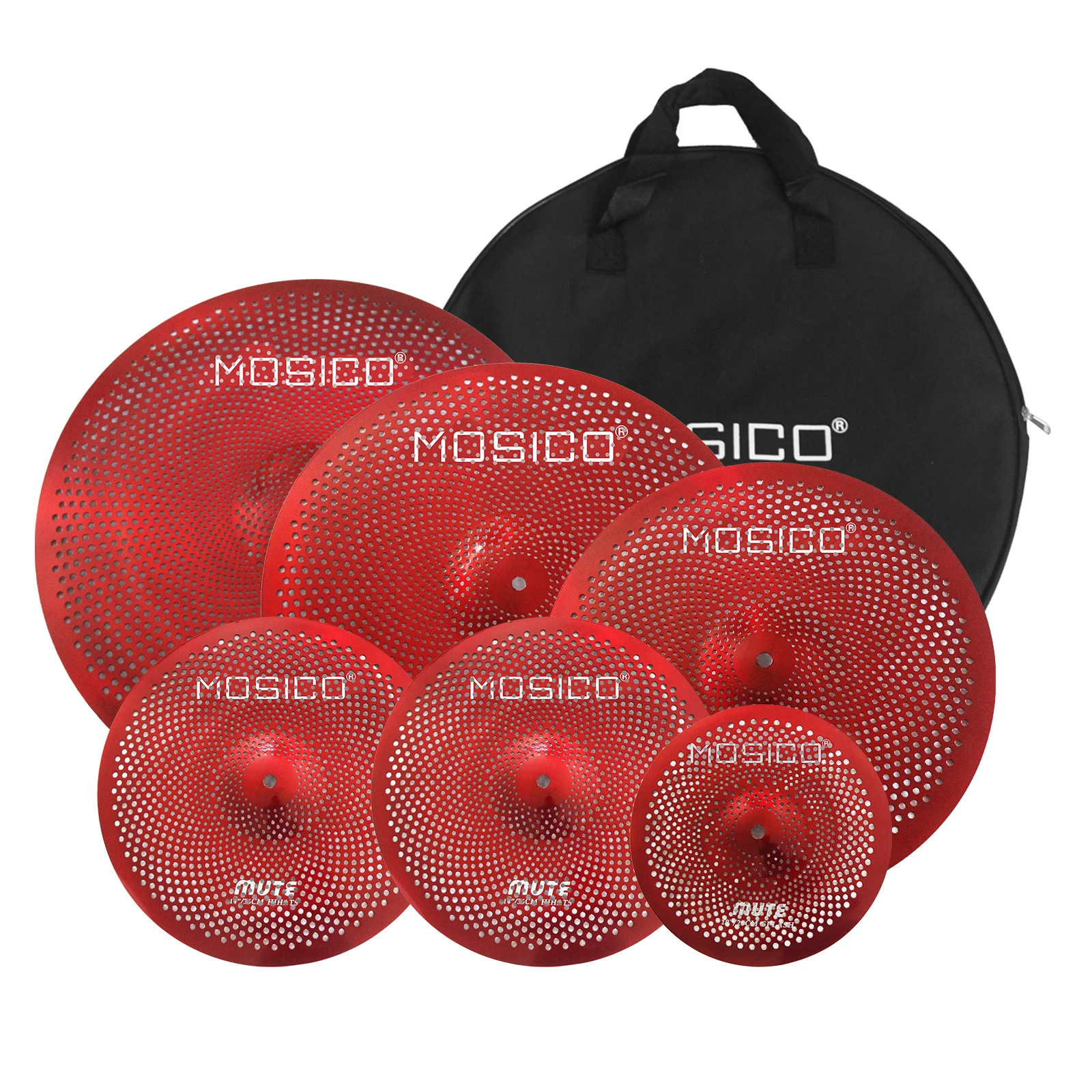6 Pieces Red Color Mute Low Volume Cymbal Set 10"Splash+14"Hi-Hat+16"Crash+18"Crash+20"Ride+Bag for practice