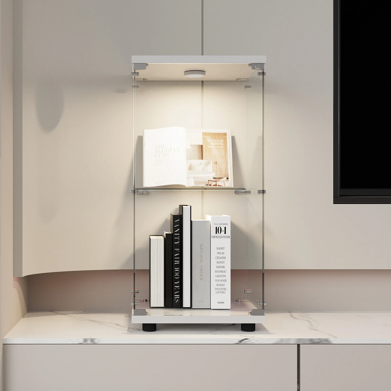 Anajqaqia 2-stöckige Vitrine, Freistehende Aufbewahrungseinheit mit Berührungsaktivierter Beleuchtung und Schloss, für Wohnzimmer, Weiß – Detail 2