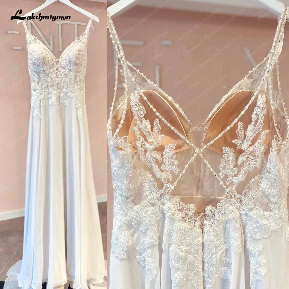 

Vintage Boho Chiffon Spaghetti Straps Wedding Dress V Neck Backless 2023 Bridal Gown Lace Applqiues vestido para boda playa