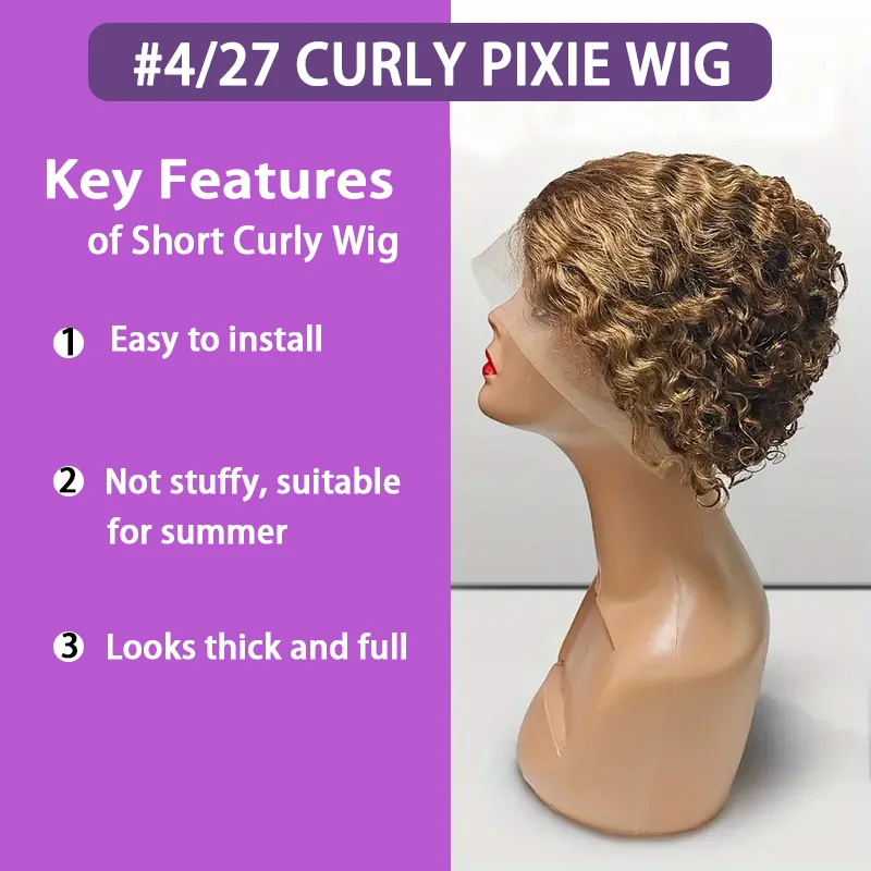 4/27 Highlight Blonde Pixie Short Curly Bob Wigs 13x4 Lace Front Wig Pixie Cut Wig Short Deep Curly Transparent Lace Frontal