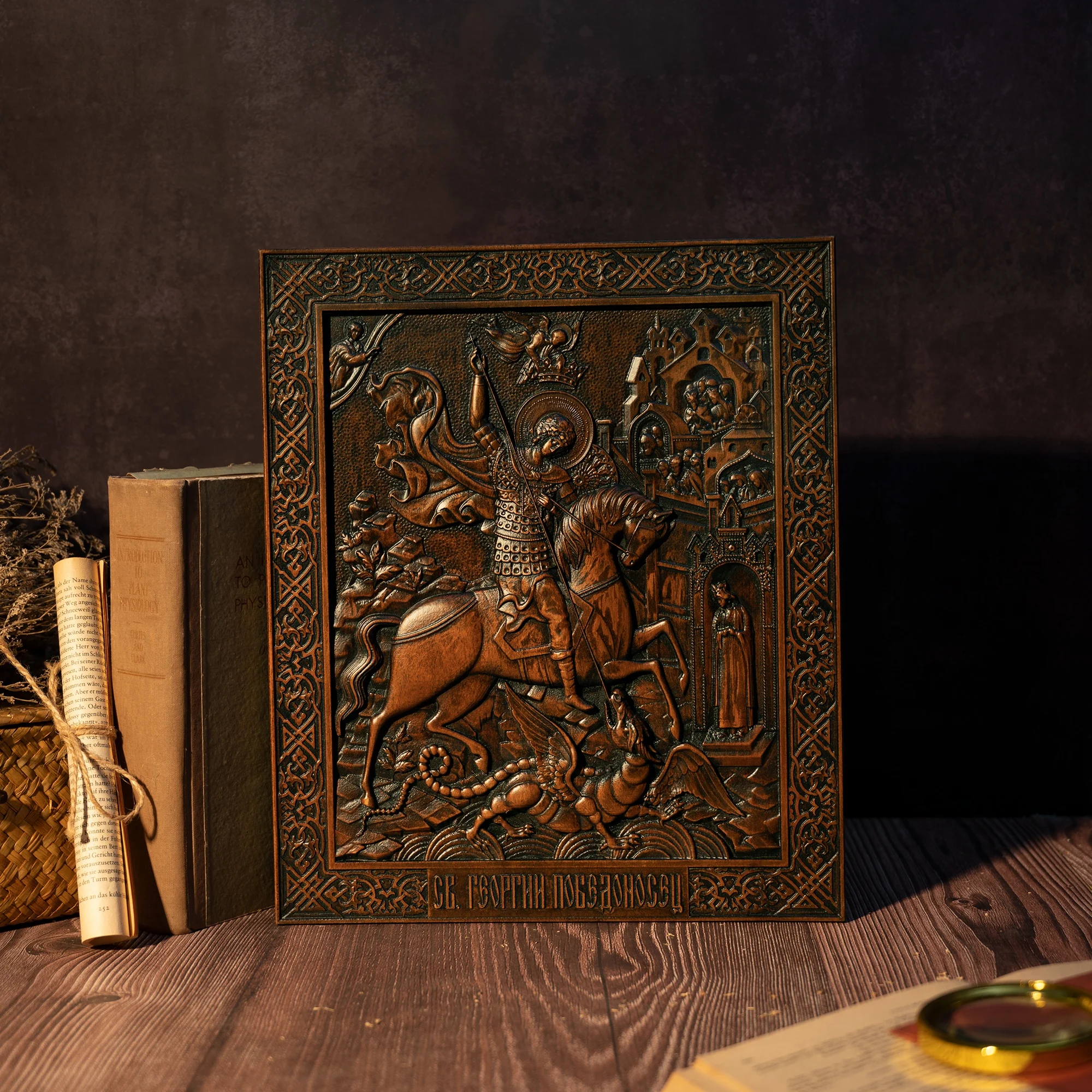 St. George and the Dragon Wood Carving Religious Wall Decoration Solid Wood Carving Ornament Christian Men's Gift