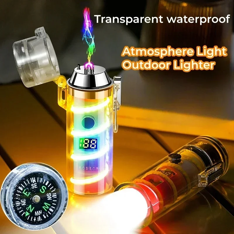 

New Transparent Shell Charging Pulse Lighter With Cylindrical Flashlight Waterproof Arc Cigarette Lighter Essential Gift